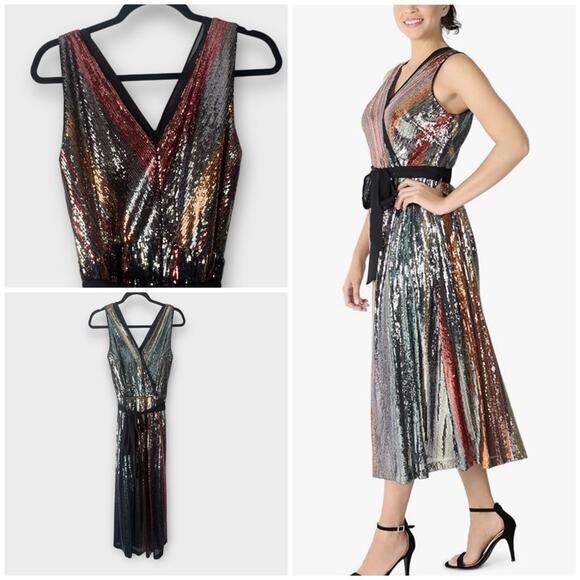 Julia Jordan V-Neck Stretch Multi Colored Sequin A-Line Midi Dress Size 6 - Picture 1 of 12